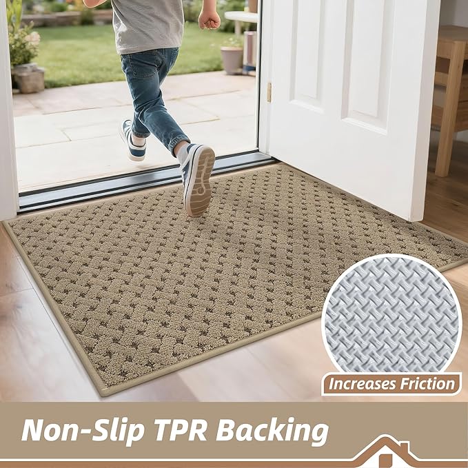 BEQHAUSE Dirt Trapper Door Mat Non-Slip Entryway Rugs Stain Resistant Absorbent Dog Doormats Woven-Look Washable Welcome Floor Doormat for Front Back Door, Muddy Wet Shoes & Paws, 32" x 48", Beige