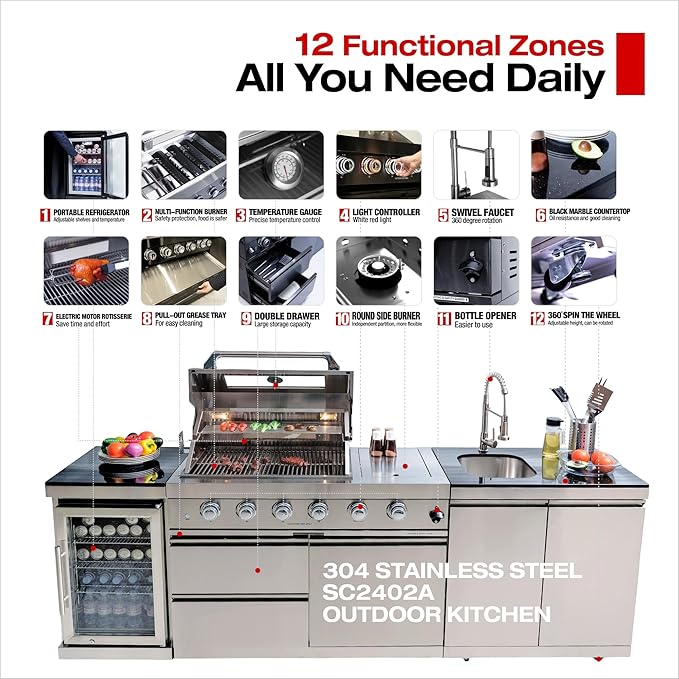 98-Inch Natural Gas Outdoor Kitchen Island - 72000 BTU 4-Burner Grill with Refrigerator, Granite Countertops & Rotisserie, Silver
