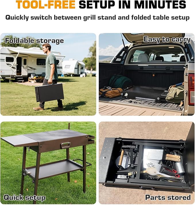 Upgraded Heavy-duty Foldable Grill Table & BBQ Prep Cart Designed for Blackstone 17" & 22",Height Adjustable Premium outdoor Grill Stand