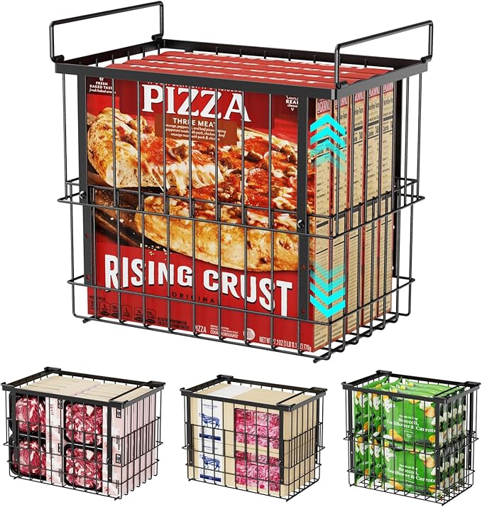 iSPECLE Deep Freezer Organizer Bins - 4 Pack Large Adjustable Freezer Organizer Bins for 5 to 7 Cu.Ft Chest Freezer, Stackable No Wasted Space, Easily Access Pizza (≤12") without Digging, Black