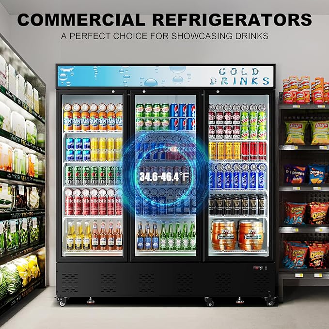 73" Commercial Beverage Refrigerators Glass Door Refrigerator,55 Cu.ft.Upright Display Cooler with Soft LED Light and Adjustable Shelves for Restaurant Grocery Stores Home