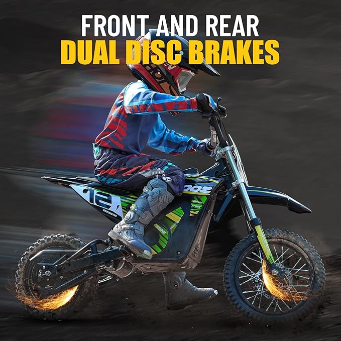 KOOZ HP112E 36V 1000W Electric Dirt Bike for Kids, 3 Speed Modes Teen Electric Motorcycle Up to 18 MPH & 15 Miles Long-Range, Dual Suspension & Disc Brake, 16" Sturdy Tire for Kids Teenagers