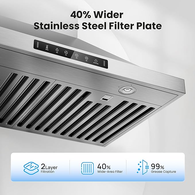 30 Inch Pro Wall Mount Range Hood 980CFM, Direct 3 Speed Panel with Gesture & Touch Control, Ducted/Ductless Stainless Steel Kitchen Vent Hood, Delay Shut-Off, Includes Duct & Filter