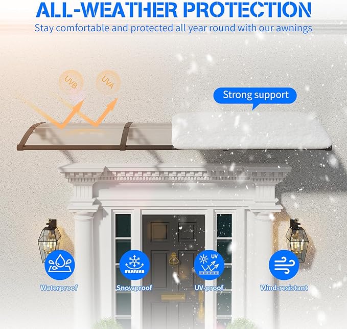 Awning for Door Entrance with Drainage Sink,40x40 Inch Awnings for Doors,Window Canopy Exterior with Plastic Steel Bracket,Polycarbonate Cover,UV,Rain,Snow Protection for House,Porch,Patio,Deck