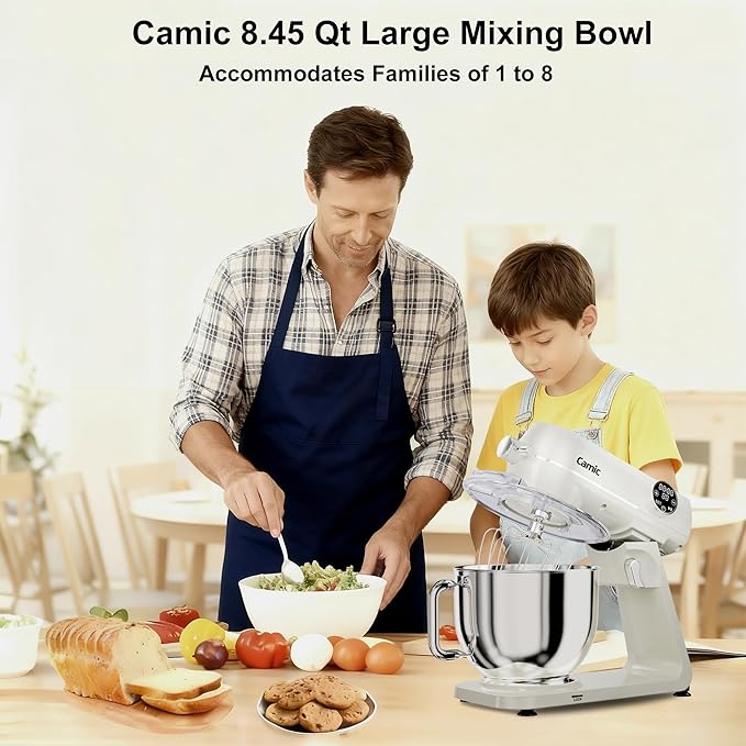 8.45 QT All Metal Stand Mixer,10 Speed Large Capacity Kitchen Mixer with Digital Timer & Tilt-Head, Electric Mixer with Whisk Dough Hook Mixing Beater for Baking,Cakes,Cookie,Bread,Salad(White)