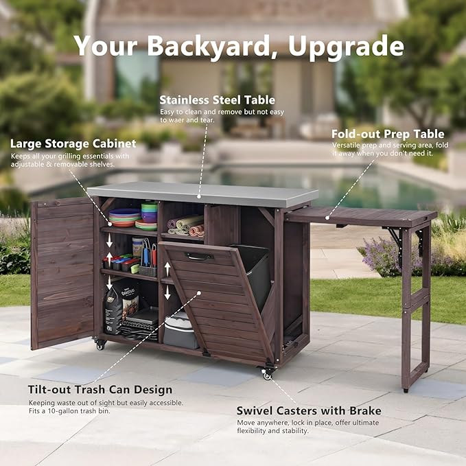 78.3" Outdoor Kitchen Island with Foldable Grill Table - Wooden Grill Cart with Stainless Steel Top, Trash Can Storage and Adjustable Shelves