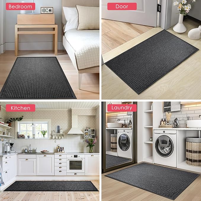Kuyal Front Door Mat, 2'*4' Door Mat for Inside Outside Entrance,Waterproof Welcome Mats with Non-Slip Backing, Indoor Outdoor Entryway, Commercial Floor Mats, Durable & Easy to Clean, Dark Gray