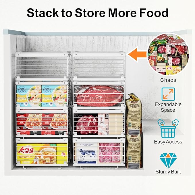 iSPECLE 4 Pack Freezer Organizer Bins, Adjustable Wire Baskets for 10 to 20 Cu.Ft Chest Freezer, Stackable Storage with Handles, Deep Freeze Organizer for Meat & Vegetables, White
