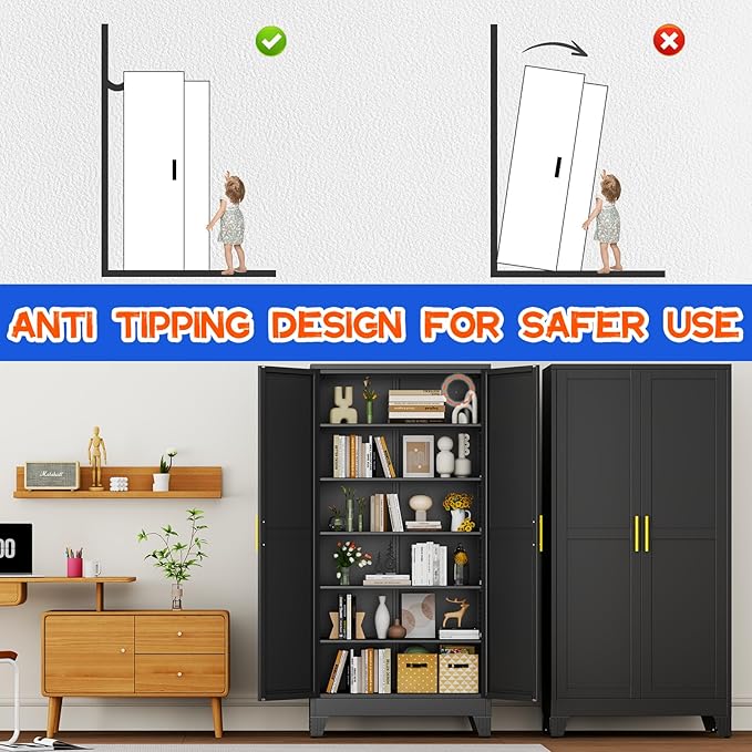75.2" Tall Metal Storage Cabinet with 2 Doors and 5 Adjustable Shelves, New upgrade Kitchen Pantry Cabinet, Black Freestanding Cupboard, 6 Tier Steel Storage for Office, Kitchen, Dining, Garage