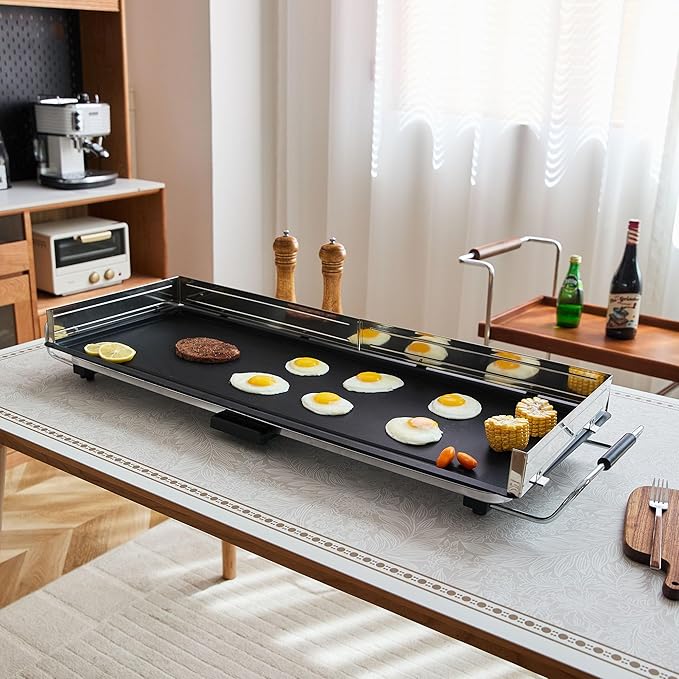 AEWHALE 35" Large Electric Griddle,Extra Wide Teppanyaki Grill with Detachable stainless Steel Baffle for Pancake Barbecue