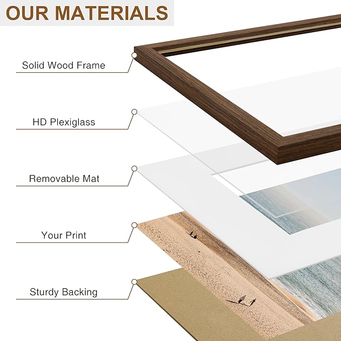 Vittanly 8.5x11 Picture Frame, Solid Wood Frame with Plexiglass, Includes 6x8 Mat, Wall Hanging or Tabletop for Photos, Home Decor, Brown, 1 Pack