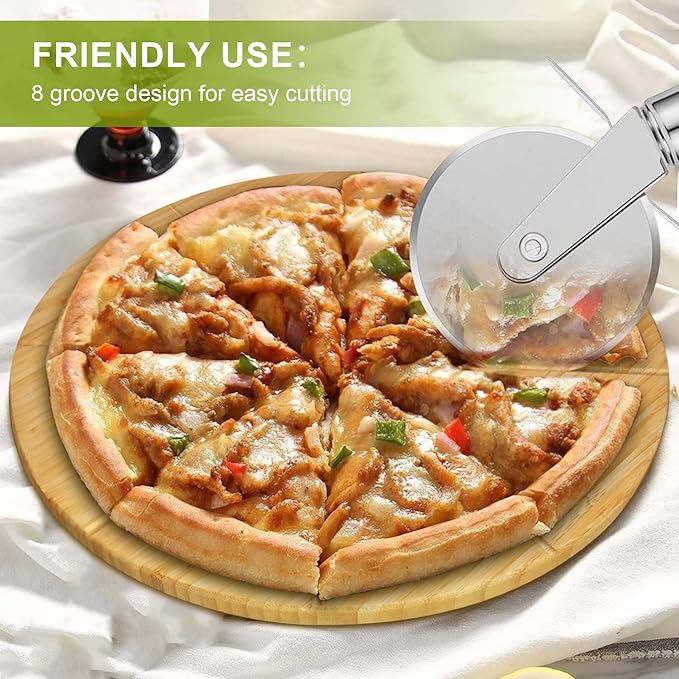 Round Pizza Cutting Board 12inch 2Pack Double Sided Bamboo Wooden Pizza Tray Meat Bread Cheese Serving Platter Pizza Oven Accessories Pizza Prep Board Paddle Blocks Circular Circle