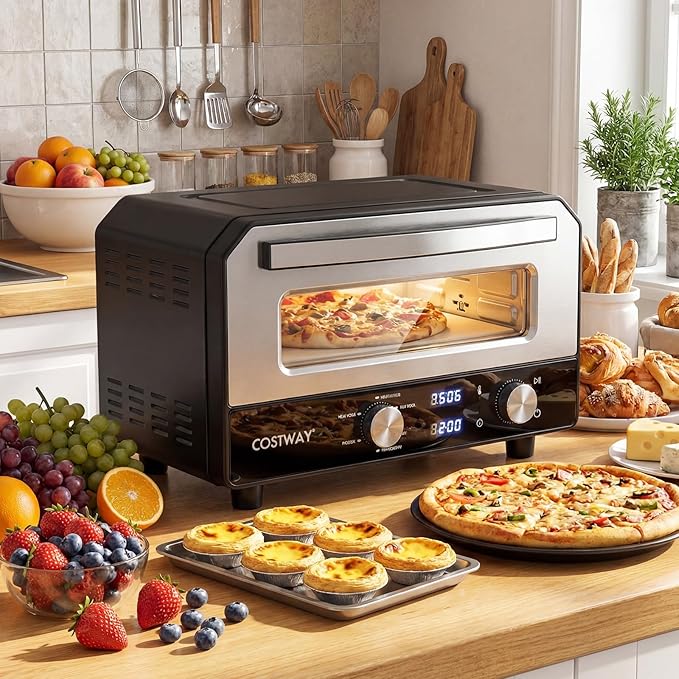 COSTWAY 1700W Electric Pizza Oven Indoor, 6 Presets & 2-Min Rapid Baking Heats up to 750℉, Countertop Pizza Oven for 12” Pizzas with Pizza Stone & Cutter Wheel for Home Kitchen