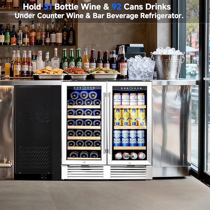 BODEGACOOLER Wine and Beverage Refrigerator,30 Inch Under Counter Commercial Beverage Refrigerator, Large Capacity Back Bar Cooler With 2 Glass Doors,LED Lighting Display Beer Wine Soda Drinks.