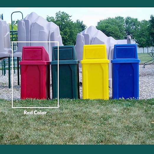 Campus Collection 32 Gallon Square 100% Recycled Plastic Heavy Duty Indoor or Outdoor Commercial Trash Can with Push Lid | Great for Schools and Businesses - Red