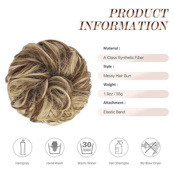FESHFEN Large Messy Bun Hair Piece - Wavy Synthetic Chignon Scrunchies Elastic Ponytail Hair Extensions Thick Hairpieces for Women, Light Brown & Blonde 1.94oz