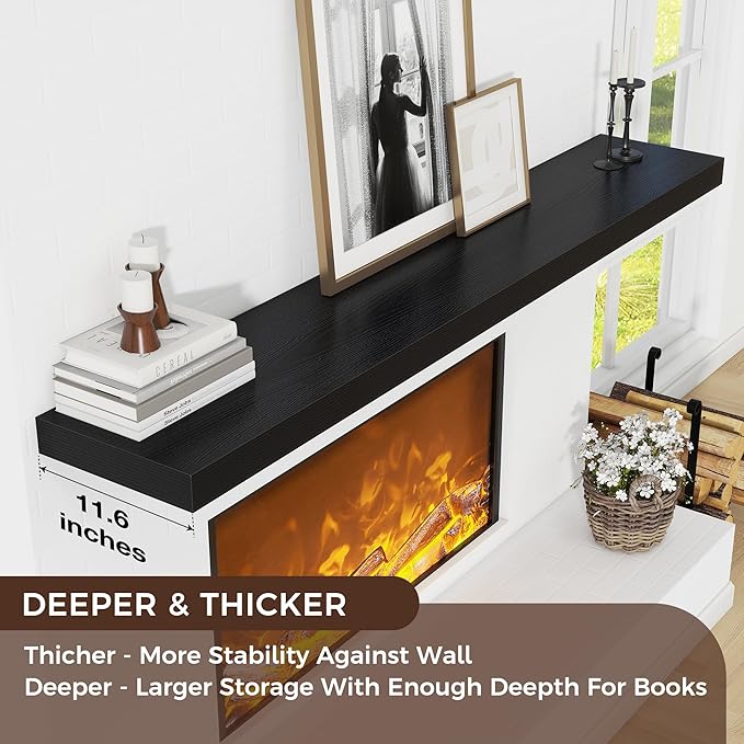 Floating Shelves for Wall 72"W x 11.6"D x 2"H, Long Engineered Wood Wall Shelves with Invisible Brackets for Living Room Bedroom Bathroom Office Kitchen Decor and Storage, Black Finish, Set of 1