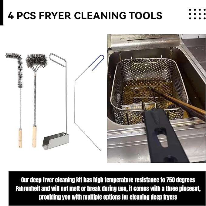 4 Pcs Fryer Cleaning Tools, L Shaped Stainless Steel Bristles Fryer Deep Cleaning Brush, Deep Fryer Crumb Scoop, Fryer Deep Cleanout Rod, Long Handle Fryer Basket Brush for Restaurant Air Fryer