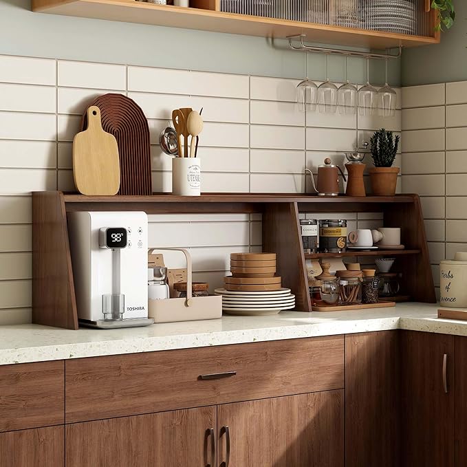 YESWOOD 100% Solid Rubberwood Kitchen Counter Hutch Shelf, Fully Assembled Countertop Organizer Storage Rack, Buffet Hutch Shelf with Trapezoid Structure for Kitchen & Dining Room