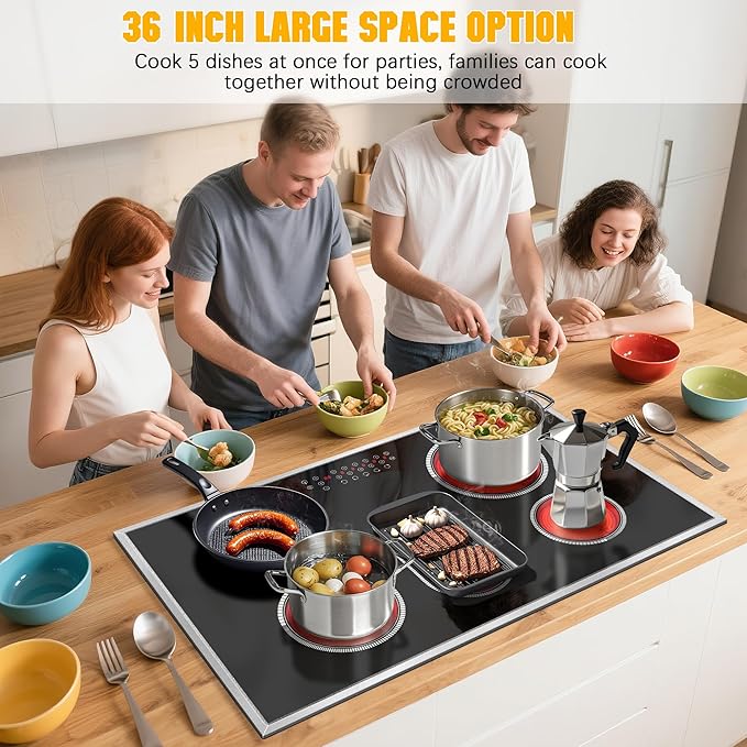 Electric Cooktop 36 Inch, 5 Burners Electric Stove Top Touch Control, 8400W Built-in Ceramic Stovetop 36" with Expandable Zone, Child Lock, Timer, Pause Control, 220-240v Hardwired (No Plug)