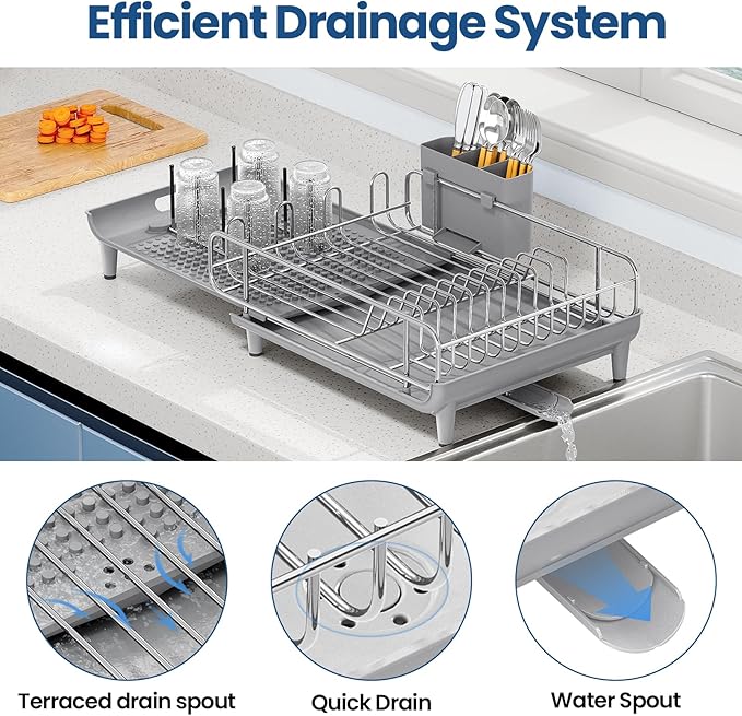 TOOLF Expandable Dish Rack, Dish Drying Rack for Kitchen Counter, Foldable Dish Dryer Rack, Stainless Steel Dish Drainer Racks with Cutlery Holder, Collapsible Dish Drying Racks Large Size,Gray
