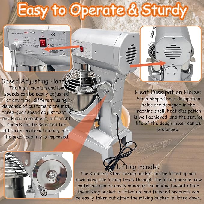 30QT Commercial Dough Kneading Mixer 3-Speed Adjustable Heavy Duty Stand Mixer 110V 1.25KW Electric Dough Kneading Machine with 3 Types of Mixing Tools and Stop-on-Open Lid