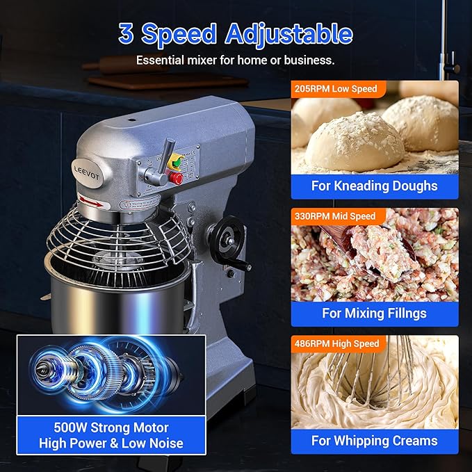 EKway10Qt Commercial Food Mixer with Timing Function,500W Industrial Stand Mixer 3-Speed Adjustable & Stainless Steel Bowl,Heavy Duty Dough Mixer for Bakery Pizzeria. (Standard)