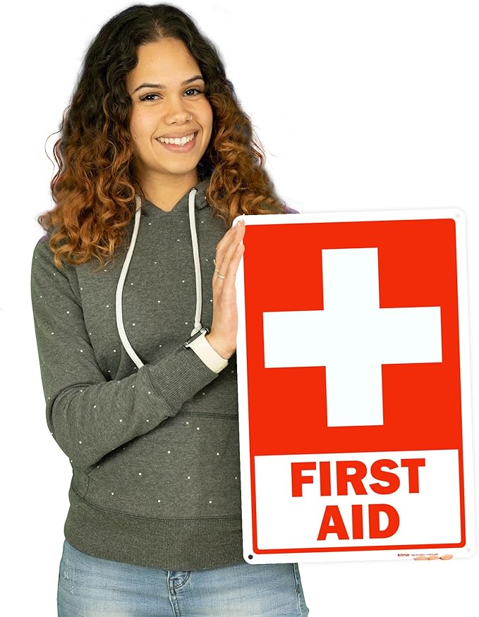 Brimar - 12 x 18" - First Aid Sign - .063″ White Rust-Free Aluminum - Clear Message - Large Size