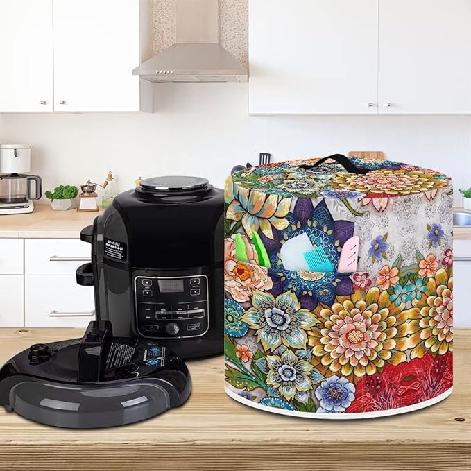 Dust Cover for 3 Quart Pressure Cooker Air Fryer Rice Cooker Kitchen Appliance Dust Covers with Storage Pockets Dust-proof Washable, Blooming Flower