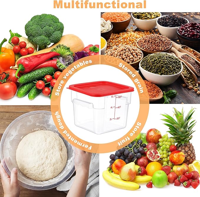 10 Sets 6 Qt Square Food Storage Containers with Lids Commercial Polycarbonate Containers Dough Proofing with Scale Clear Airtight Cereal for Pantry Home Restaurant