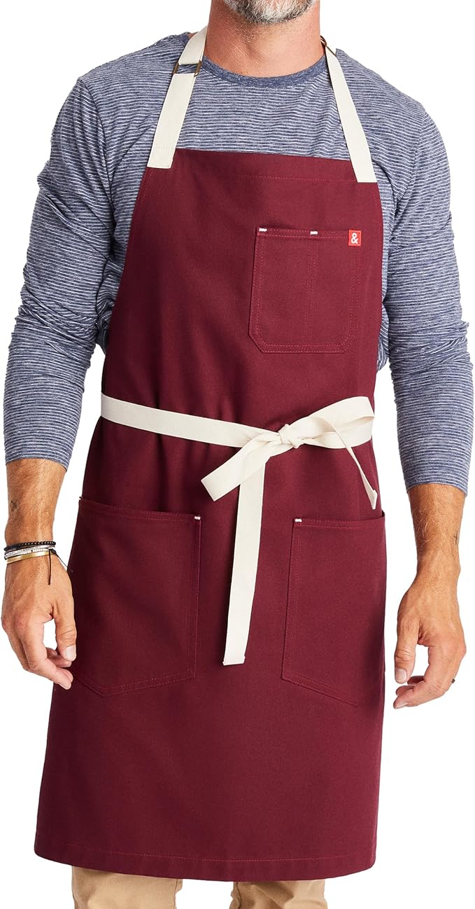 hedley & bennett Essential Apron - Lightweight Cotton Canvas Kitchen Apron with Pockets & Towel Loop - Professional Chef Workwear for Baking & Cooking - House Red