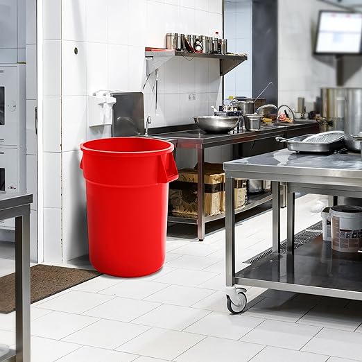 PRO&Family Commercial Round Trash Can, Ingredient Bin, Heavy-Duty Plastic, Anti-Static, Kitchen, Office, Outdoor Use (Red, 44 Gallon)