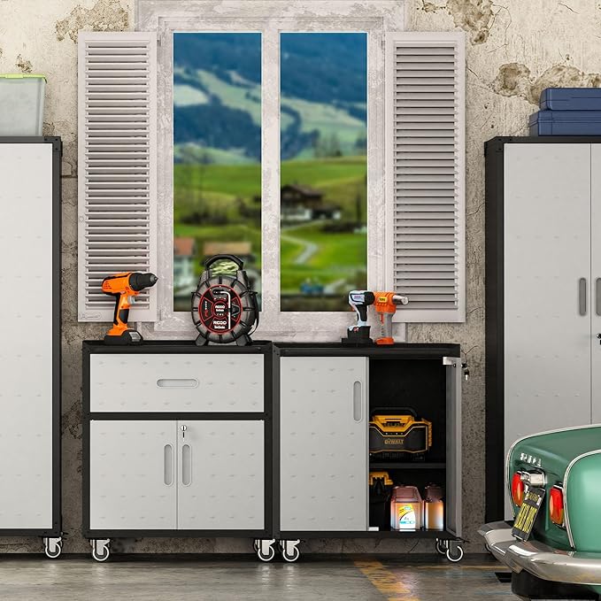 Metal Tool Cabinet,Garage Storage Cabinet System,Wall Cabinet & Locking Rolling Tool Cabinet with Doors and Adjustable Shelves,Steel Tool Cabinets for Home (2 Pcs-StyleB, Black & Grey)