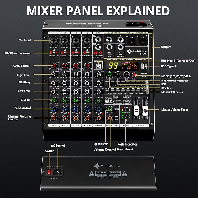 6 Channel Audio Mixer, 99 DSP Sound Board Console with 48V Phantom Power, Professional DJ Mixer for Podcasting, Streaming, Studio Recording (SMX6)