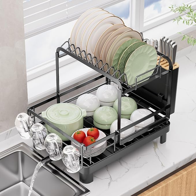 Runnatal 2-Tier Dish Drying Rack, Large Dish Rack with Drainboard Set, Detachable 4-in-1 Large Capacity Dish Drainer Over The Sink Anti-Rust for Kitchen Counter, Black