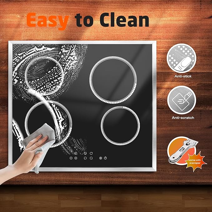 24 Inch Electric Cooktop 4 Burner Electric Stove, 6000W Built in Ceramic Stovetop with Touch Control 24", Timer, Child Lock, 9 Heating Level, 220-240v, Hard Wire(No Plug)