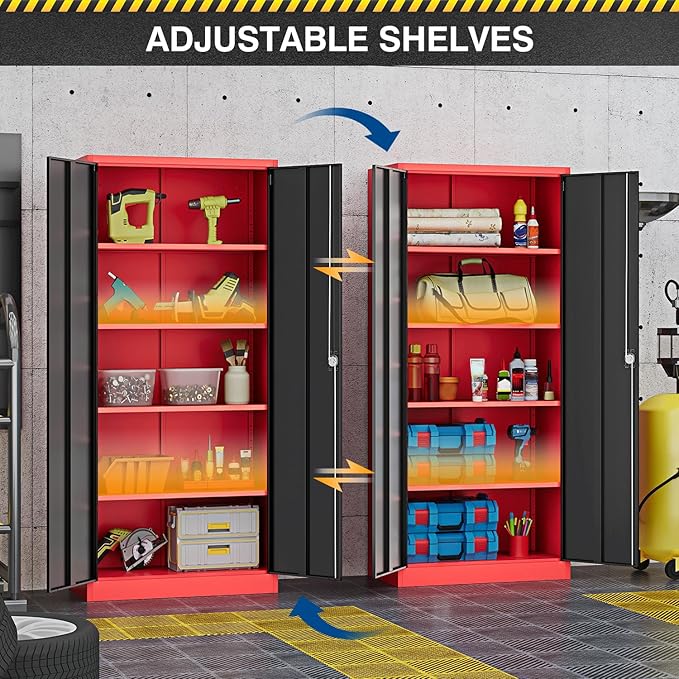 Metal Storage Cabinet-72” Tall Steel File Cabinets with Lockable Doors and Adjustable Shelves-Black&Red Steel Storage Cabinet for Kitchen, Office, Garage