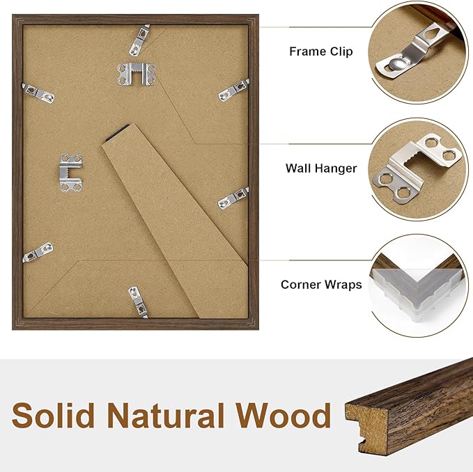 Vittanly 8.5x11 Picture Frame, Solid Wood Frame with Plexiglass, Includes 6x8 Mat, Wall Hanging or Tabletop for Photos, Home Decor, Brown, 1 Pack