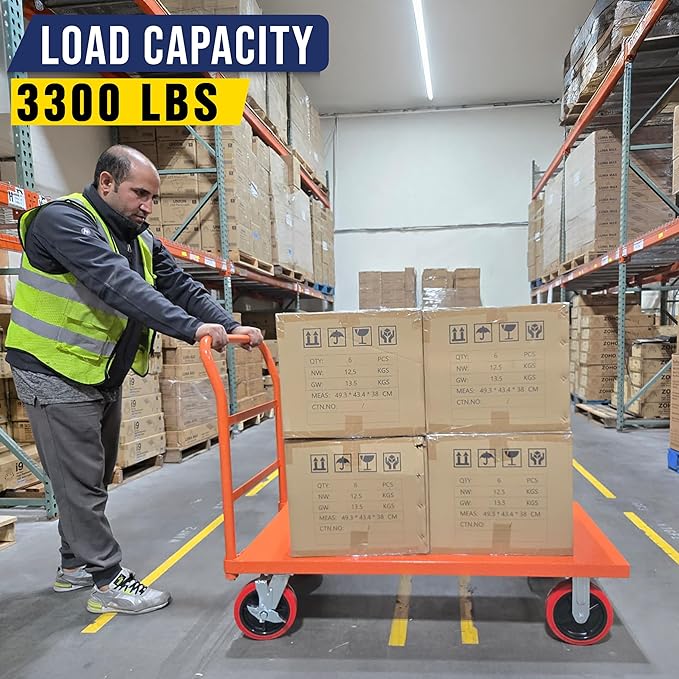 Platform Cart Industrial Dolly Cart 3300LB Heavy Duty 48” x 24” Platform Hand Truck Push Cart Super Heavy Duty Diamond Plate Commercial Flatbed Cart with 8'' Moving Swivel Wheels (Orange)