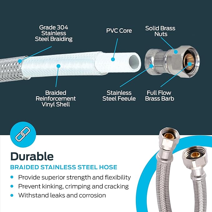 Eastman Dishwasher Installation Kit, 6 Foot Supply Line, 3/8 Inch Compression x 1/2 Inch FIP, 3/8 Inch MIP Elbow, Braided Stainless Steel Dishwasher Connectors, 41032