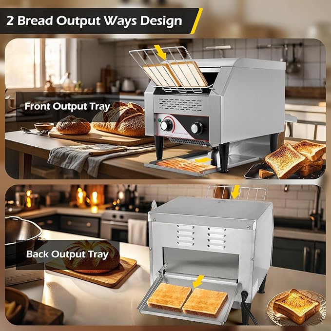 Dyna-Living Commercial Toaster 300 Slices/Hour Conveyor Toaster Commercial 1900W Heavy-duty Stainless Steel Rotating Toasters Oven for Restaurant, Conveyor Belt Toasters for Bun, Bagel, Bread