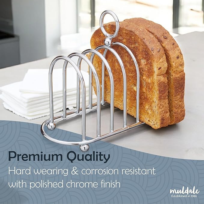 Muldale Toast Rack English Style - Victorian Chrome Holder for 6 Slices - Vintage Sturdy Stainless Steel Toast Stand with Ball Feet - British Caddy - 0.5" Wide Gap