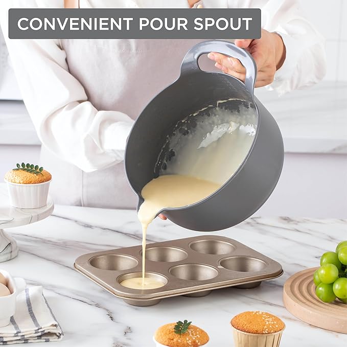 COOK WITH COLOR Nesting Plastic Mixing Bowl Set with Pour Spouts and Handles, Grey, 4 Piece Non-Slip