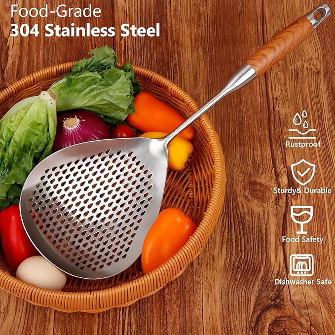 Skimmer Slotted Spoon, 304 Stainless Steel Spider Strainer Skimmer Ladle Spoon for Cooking and Frying, Pasta Strainer Spoon, 5.8 Inch