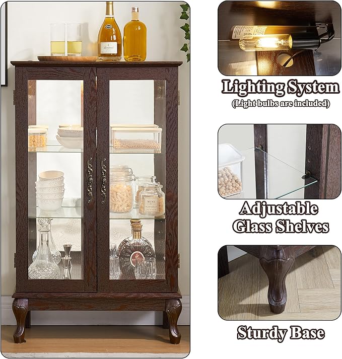 43" H Lighted Curio Cabinet Display Case, Glass Curio Cabinet with Adjustable Shelves and Tempered Glass Door, Wooden Cabinets w/Mirrored Back Pane for Living Room (Dark Cherry)