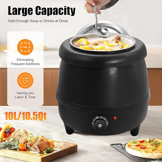 10.5QT Soup Warmers, Electric Soup Pot Commercial Soup Kettle with Stainless Steel Hinged Lid and Detachable Insert Pot, Temperature Control Knob for Restaurants and Party, Catering (Black)