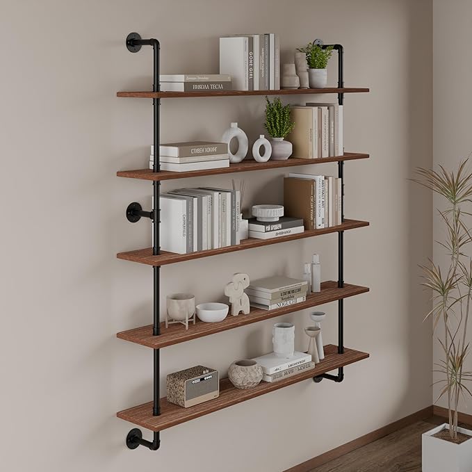 Floating Shelves for Wall Bookshelf Industrial Pipe Shelving Shelves 48 Inch 5 Tier Natural Wood Planks Rustic Wall Shelves Hanging Bookshelves Farmhouse Kitchen Shelving