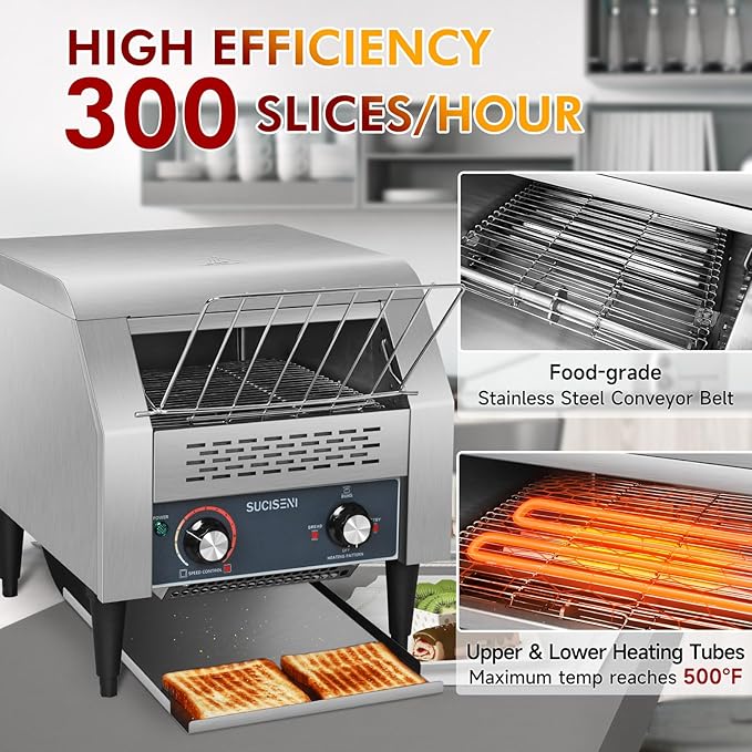 Commercial Toaster 300 Slices/Hour Industrial Conveyor Toaster 1900W Stainless Steel Restaurant Toasters for Croissants, Toast, Bun, Bagel, Bread