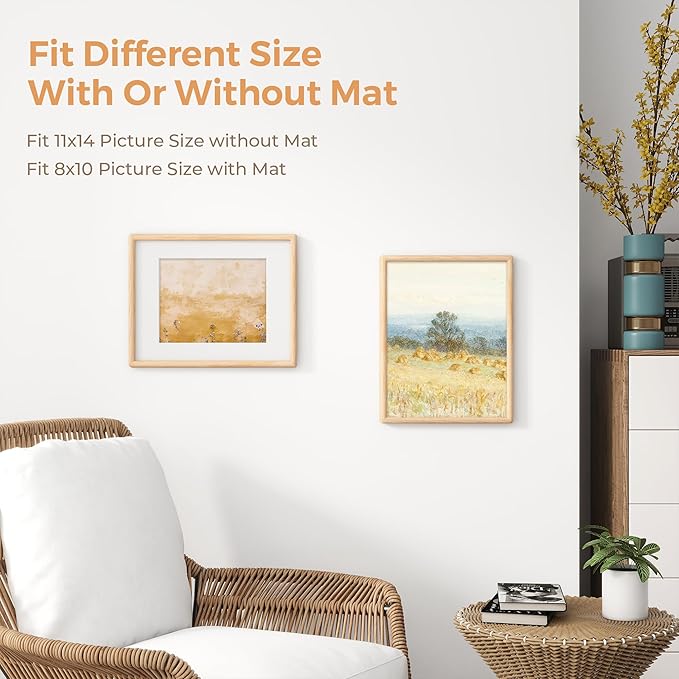 Axeman 11x14 Oak Frame - Rounded Corner 11 x 14 Picture Frame Matted to 8x10 - Natural Oak Wood 14x11 Frame with Tempered Glass for Wall Mount Display