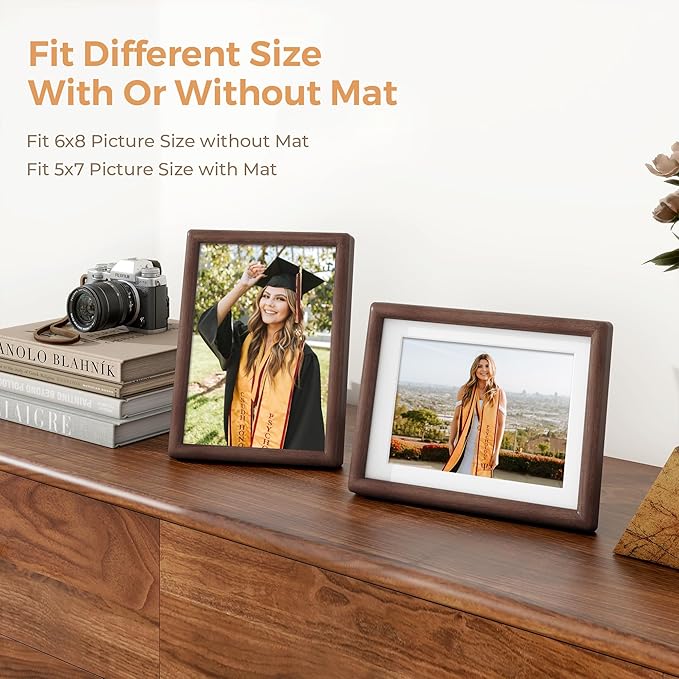 Axeman 6 x 8 Walnut Frame Set of 3 - Rounded Corner 6x8 Picture Frame Matted to 5x7 - Natural Walnut Wood Photo Frame with Tempered Glass for Tabletop Display
